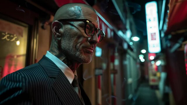 Tattooed yakuza man in suit smoking on narrow street with red lanterns at night, symbolizing modern yakuza style and mystery.