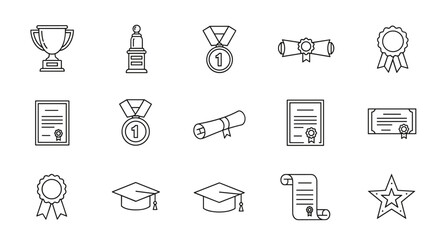 Collection of minimalistic linear award and diploma icons, featuring a trophy, chess piece, medals, graduation caps, certificates, scrolls, and a star, presented with editable strokes and a cartoon