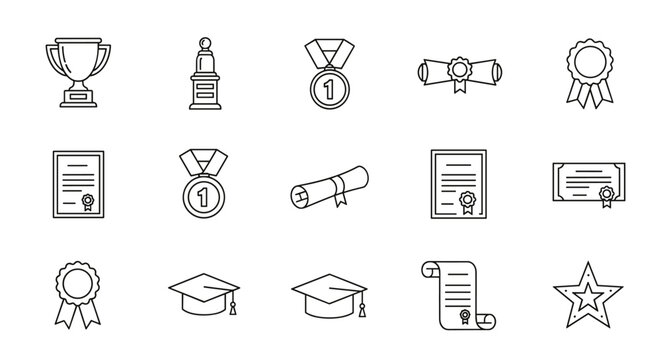 Collection of minimalistic linear award and diploma icons, featuring a trophy, chess piece, medals, graduation caps, certificates, scrolls, and a star, presented with editable strokes and a cartoon