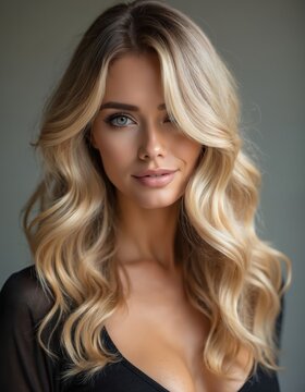 Blond woman with wavy hair poses with elegant makeup. She wears a black top, showing her shoulders and decolletage. Her blue eyes and soft smile create a gentle, inviting look.