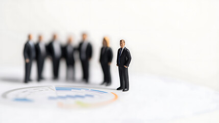 Miniature business team with a leader figure standing confidently on a financial chart. The foreground is focused, while the background is blurred to emphasize the leader's vision.