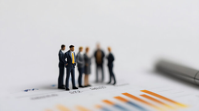 A team of miniature business professionals stand atop a bar graph, poised to analyze data trends and strategize for success. Pen nearby, ready to write down new solutions. - Powered by Adobe