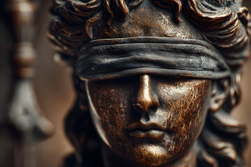 Close-up of a blindfolded bronze Lady Justice statue, symbolizing fairness, impartiality, and the rule of law in the justice system.
