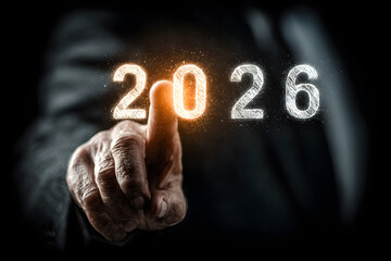 A hand points to glowing futuristic numbers forming “2026” in midair, symbolizing new beginnings, planning ahead, and future innovation.

