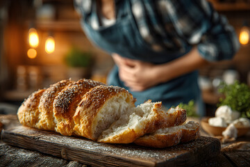 Freshly baked bread in focus with a person in the background holding their stomach, suggesting gluten intolerance or digestive discomfort after eating.
