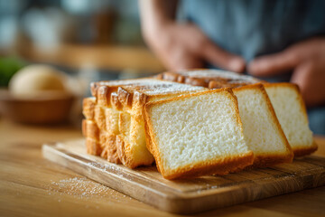 Freshly baked bread in focus with a person in the background holding their stomach, suggesting gluten intolerance or digestive discomfort after eating.
