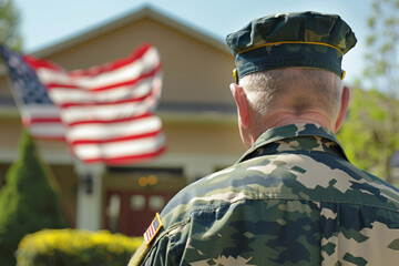 Military Personnel Facing American Flag Outside Residential Home Under Clear Sky
