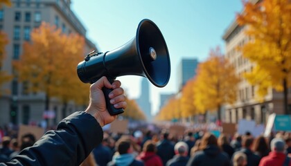 Hand holds loudspeaker over protesting crowd on city street. Activist leads march for social justice, human rights. People participate in political rally on sunny autumn day, demanding freedom,