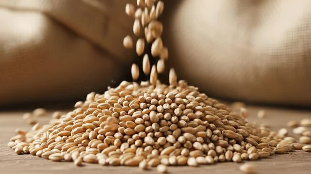 Wheat or barley grains fall and form a pile on a rustic wooden table. Agricultural harvest and staple food production concept. Lockdown close-up shot