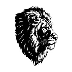 Obraz premium Black and white vector illustration of a majestic lion head in profile.