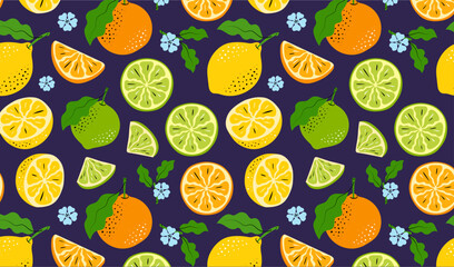 Seamless Citrus Fruits Pattern on Dark Background. Hand-drawn Oranges, Lemons and Limes