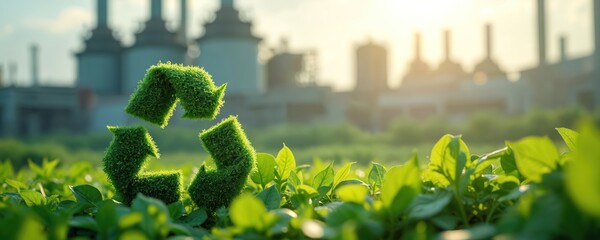 Green recycle symbol on plants with industry background presents eco aware manufacturing. Embodies renewability, green power innovation. Circular economy concept for clean tech, environmental