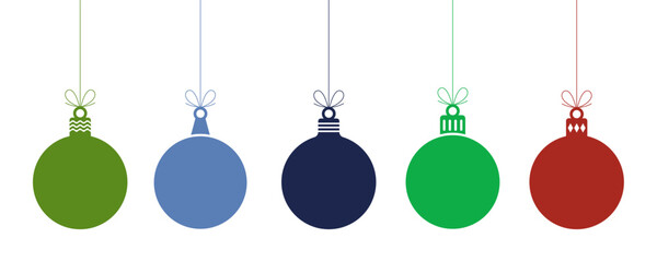 Christmas ball hanging ornaments vector illustration, red, green, blue decorative baubles with ribbon bows, simple flat design holiday elements isolated on white background. PNG, Transparent.