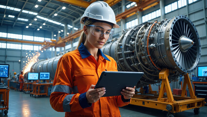 Female engineer inspecting jet engine using tablet