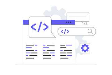 Web Development Tools and Coding Features. Metadata. Flat Cartoon Vector Illustration, icon Stylish abstract design landing page web