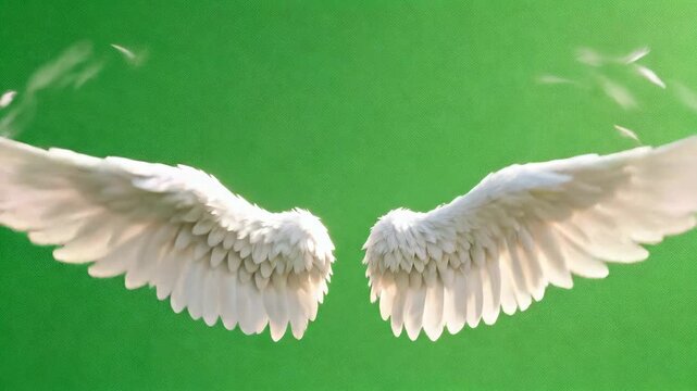 Realistic white angel wings flapping gracefully with feathers falling. Isolated on a green screen background for visual effects compositing. Close-up with a slight vertical camera tilt.