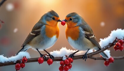 Two robins share a red berry on a snowy branch. They sit close together in winter cold. Warm light glows in the background. This is a beautiful nature scene.
