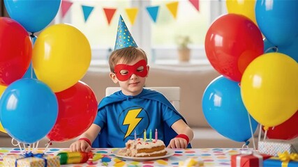Happy boy dressed as superhero celebrating birthday with cake and balloons in colorful room