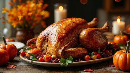 Photo of roasted turkey garnished with fruits and pumpkins on festive table