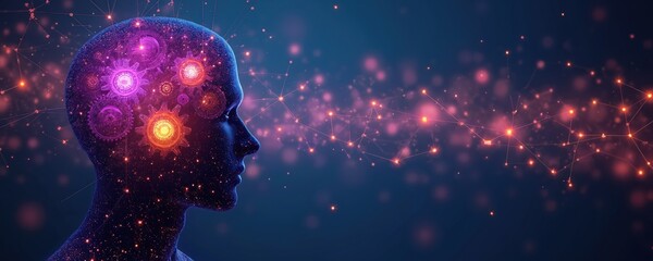 Art photo shows a human head silhouette with cogwheels inside. Network connections represent digital thoughts processes. Abstract illustration of ideas tech and brain.