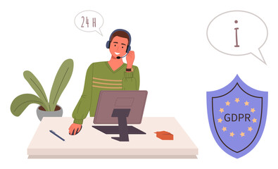 Customer support representative at desk wearing headset, delivering information. Displays GDPR shield and chat bubble. Ideal for customer support, GDPR, privacy, compliance, communication, service