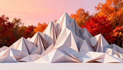 Abstract Origami Mountain Landscape with Vibrant Autumn Foliage at Sunset