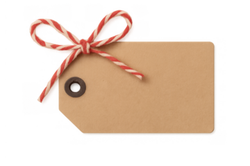 Blank brown paper gift tag with red and white string bow, perfect for holiday messages and branding on transparent background