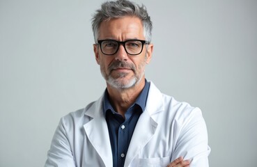 Obraz premium Mature male doctor in white lab coat, glasses poses confidently. He has grey hair, beard. Medical pro stands against plain background ready for consultation or research. Expert looks serious.