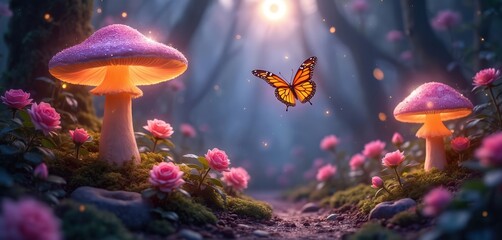 Naklejka premium Enchanted forest path with glowing mushrooms and pink roses. Orange butterfly flies near magical woods. Sun rays illuminate mystical nature scene.