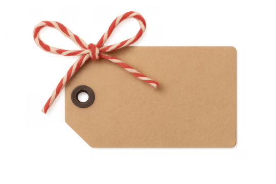 Blank brown paper gift tag with red and white string bow, perfect for holiday messages and branding on transparent background
