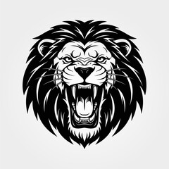 Fierce roaring lion head in a bold black and white vector style.