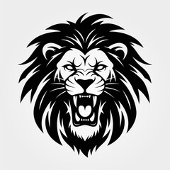 Fierce roaring lion head in black and white vector style.