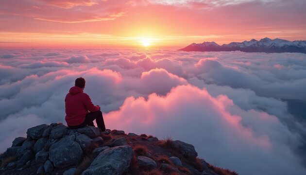 Man sits on mountain peak edge looking at cloudy sunset sky. Person rests on rocks above sea of clouds, watching sundown glow. Remote tranquility, mountain adventure.