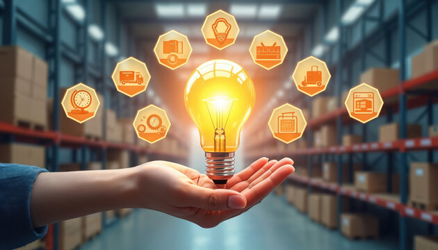 Hand holds glowing lightbulb over warehouse shelves filled with boxes. Icons show logistics, delivery, planning, ideas. Innovative supply chain solution concept.