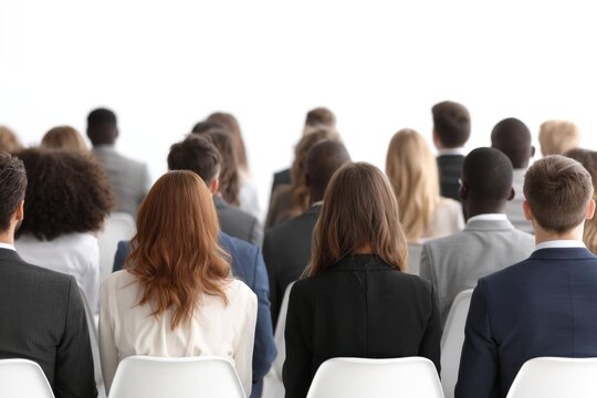 Group of at least thirty professionals sitting modern meeting room conference business corporate event collaborative