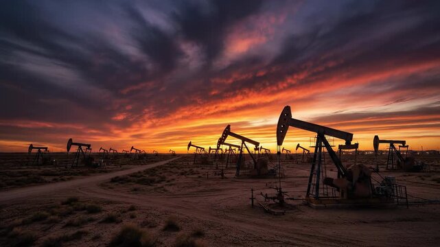 Oil field pumpjacks operate under a dramatic sunset sky. Lightning strikes illuminate the energy production landscape. Lockdown shot.