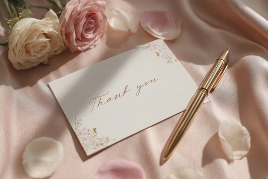 Flat lay thank you greeting card gold balloon confetti celebration gratitude acknowledgment elegant design