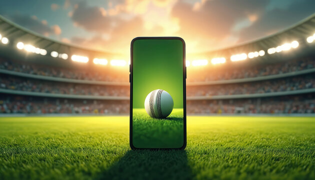 Smartphone displays cricket ball on grass field in stadium. Watch match live on mobile, bet on sports, follow game scores with phone app. Modern digital sport.