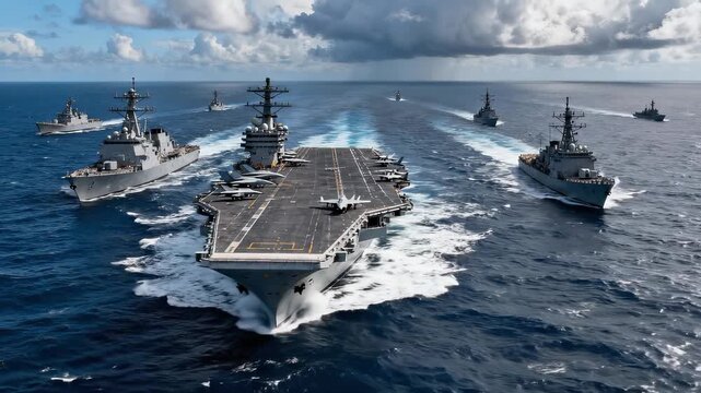 Aircraft carrier leading naval strike group across open ocean. Military power projection and defense operations. Aerial tracking shot.