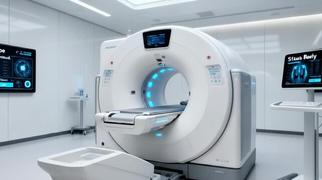 Advanced CT scanner system operating in a modern hospital room. Medical diagnostic technology performing a patient scan. Lockdown wide shot.