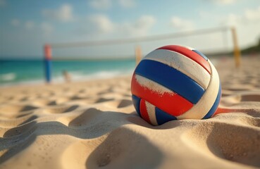 Beach volleyball rests on sand near ocean waves and net. Sunny day sport game, summer leisure, tropical vacation activity. People play on court far away.
