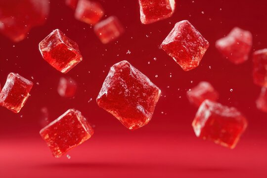 Red square gummies falling dynamic motion gradient background colorful candy confectionery playful fun
