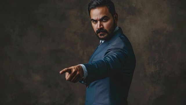 Businessman with beard and mustache, wearing a suit and pointing finger for emphasis.