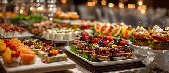 Beautifully decorated catering banquet table with different food snacks and appetizers with sandwich, caviar, fresh fruits on corporate christmas birthday party event or wedding celebration