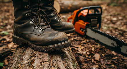 Rugged Work Boots and Chainsaw on a Freshly Cut Tree Stump.
A worker's rugged leather boots stand on a freshly cut tree stump, with a bright orange and black chainsaw lying in the blurred background