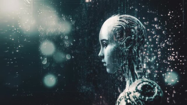 Sophisticated female presenting humanoid robot slowly materializing and gaining consciousness within a futuristic digital environment, representing the birth of advanced artificial intelligence