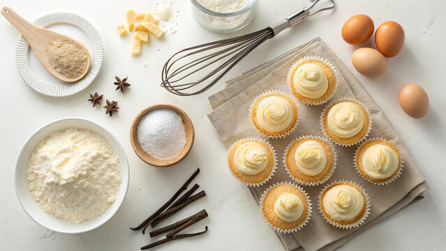 Freshly baked vanilla cupcakes with creamy frosting and baking ingredients artfully arranged for a delightful homemade treat