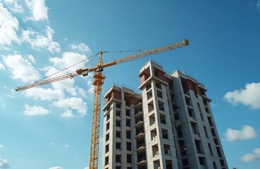 Tall building under construction with yellow tower crane against blue sky. Residential complex being built with concrete structure. Construction site with heavy machinery and scaffolding.