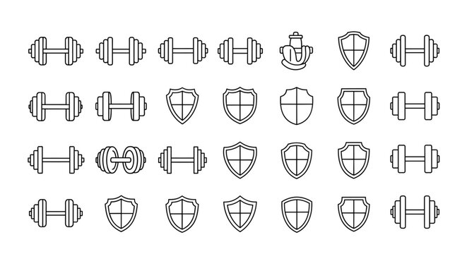 Set of hand-drawn line art icons featuring dumbbells and shield symbols, presented on a clean white background, ideal for fitness, sports, and protection-related designs, vector illustration.
