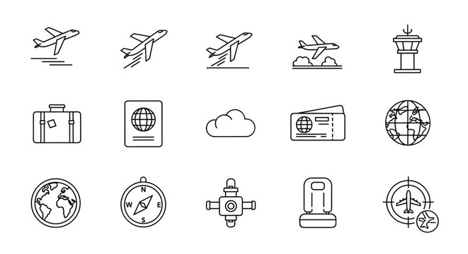 Set of minimalistic thin line icons representing air travel and global exploration, including airplanes taking off, landing, and in flight, a control tower, luggage, passport, boarding pass, world